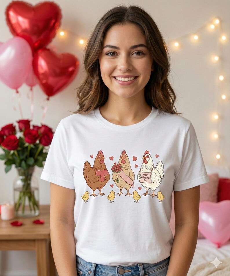 May include: White t-shirt featuring a whimsical illustration of three chickens, each holding a Valentine's Day-themed item. The chickens are accompanied by chicks and hearts. The text "Happy Valentine's Day" is on a sign.