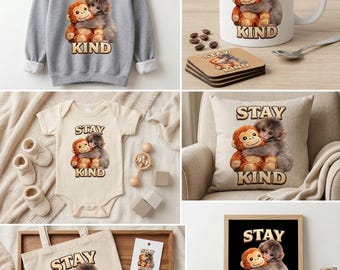 Mono bebé abrazando peluche PNG, Gráfico digital Stay Kind, Descarga de arte infantil