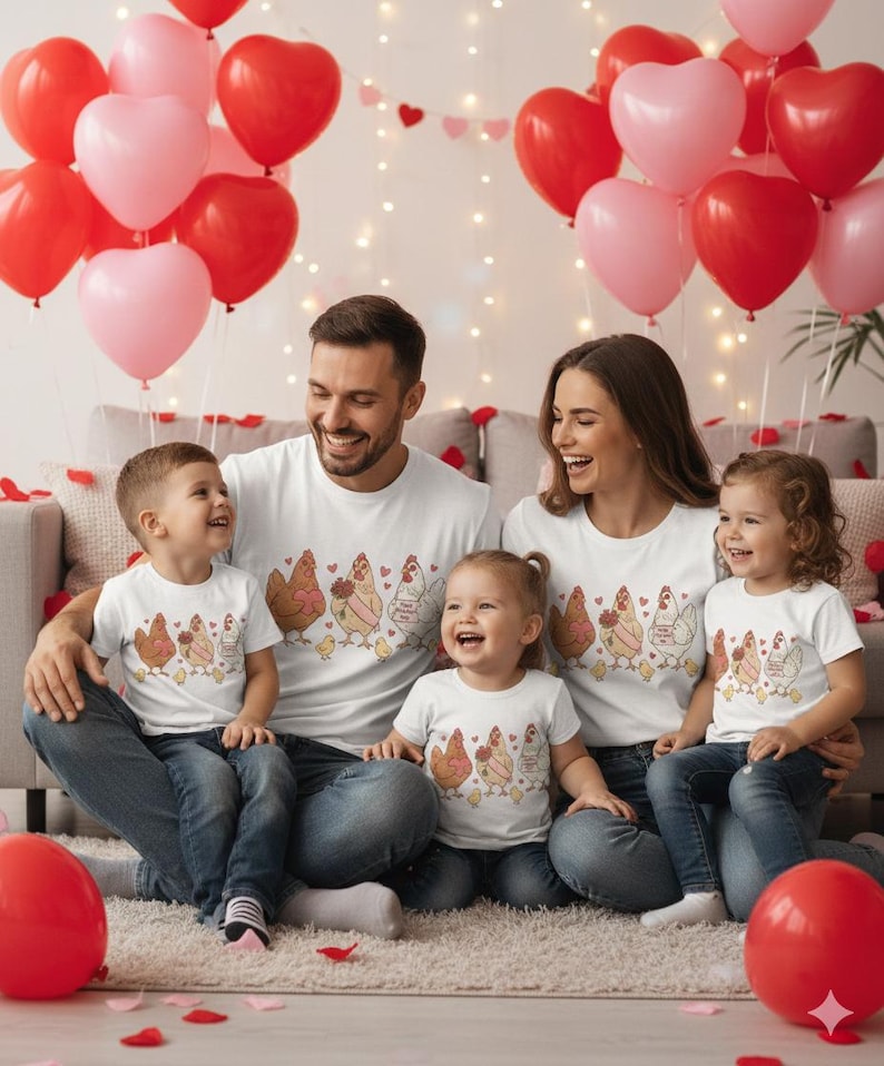 May include: A family of five wearing matching white t-shirts with a chicken design. The shirts are paired with blue jeans. Red and pink heart-shaped balloons are in the background, along with string lights and heart decorations.