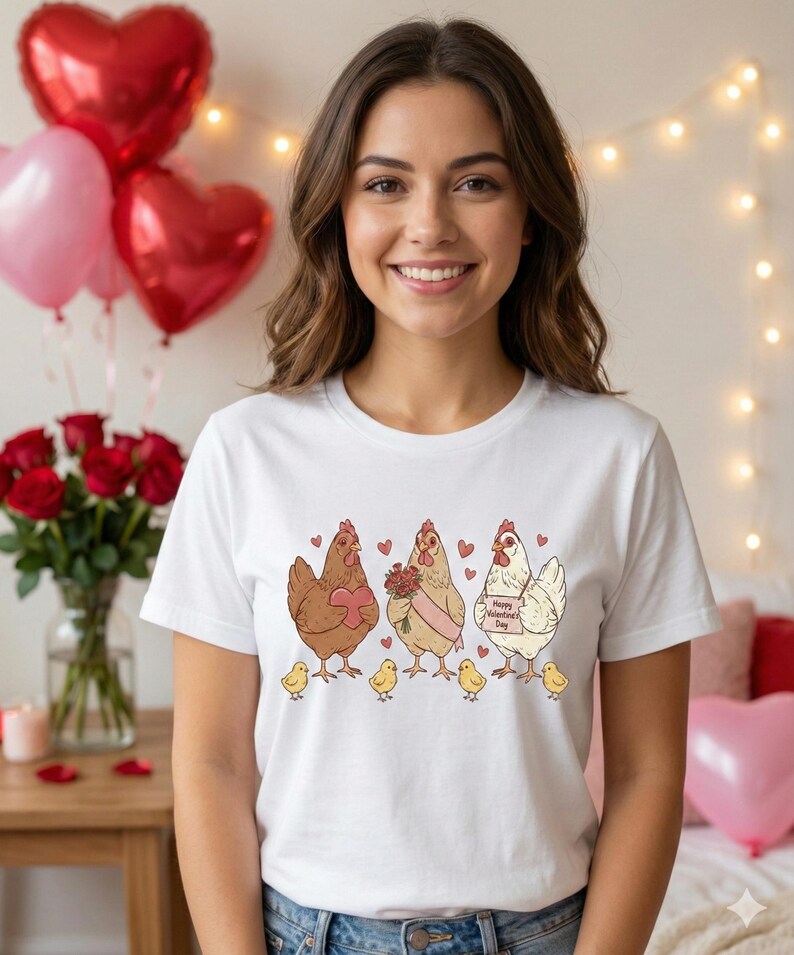 May include: White t-shirt featuring a whimsical illustration of three chickens, each with a unique Valentine's Day theme. One chicken holds a heart, another carries flowers, and the third displays a sign that reads "Happy Valentine's Day". Small yellow chicks are at the bottom.