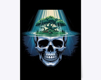 Ilustración surrealista de un árbol con calaveras / Gráfico de naturaleza fantástica (PNG)