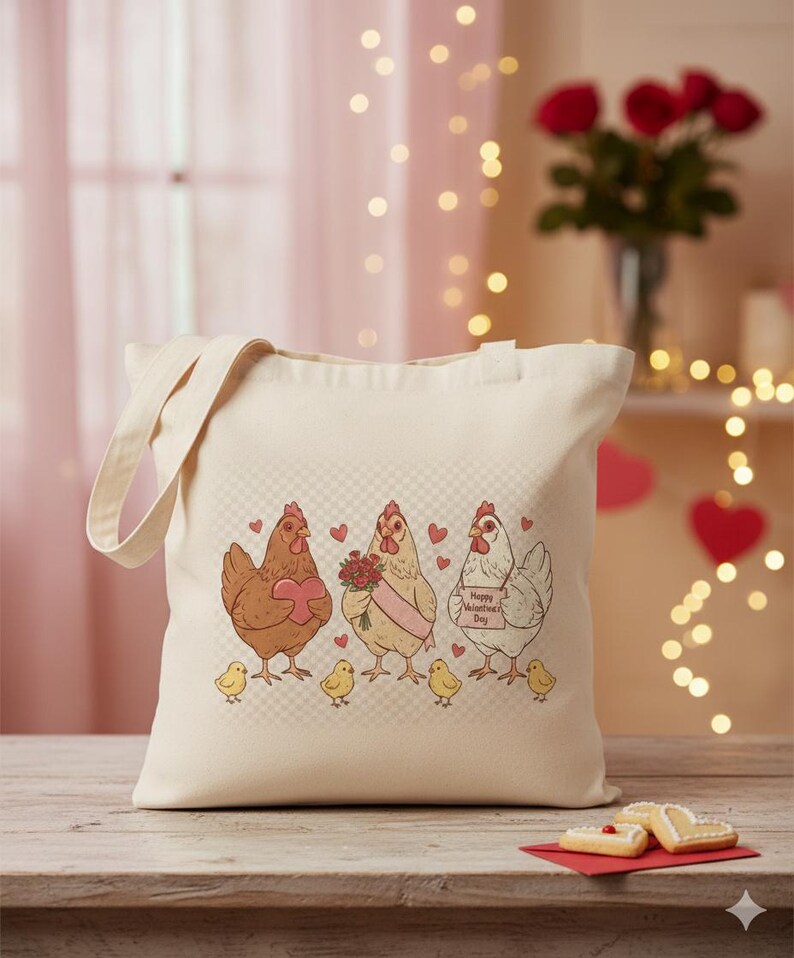 May include: Cream-colored tote bag featuring a whimsical illustration of three chickens, each holding a heart, flowers, and a sign that says "Happy Valentine's Day." The chickens are accompanied by chicks. The bag has a simple, rectangular shape with handles.