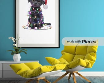 Clipart de cachorro navideño, perro negro con luces LED (descarga digital)