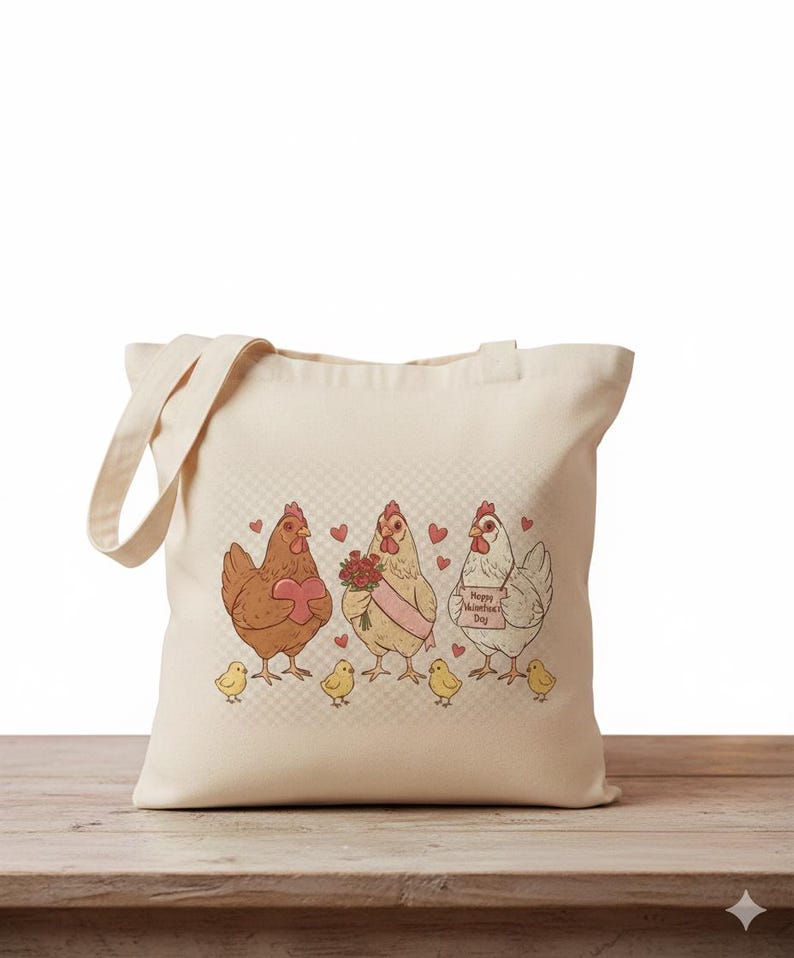 May include: Cream-colored tote bag featuring a whimsical illustration of three chickens with hearts and chicks. One chicken holds a heart, another a bouquet, and the third a sign that reads "Happy Valentine's Day".