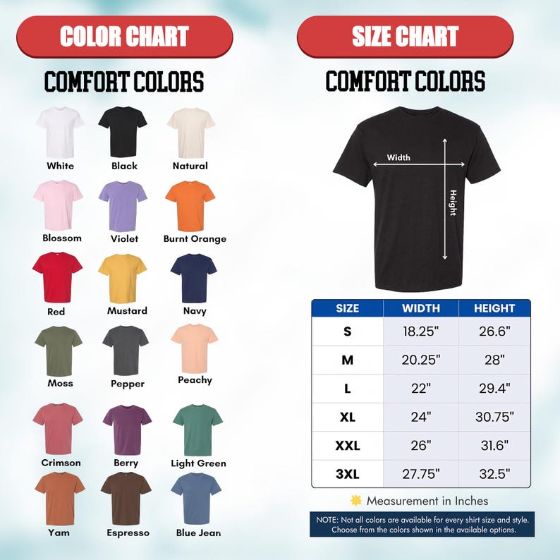 May include: A Comfort Colors t-shirt color chart displaying eighteen options including white, black, natural, blossom, violet, burnt orange, red, mustard, navy, moss, pepper, peachy, crimson, berry, light green, yam, espresso, and blue jean.