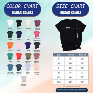 May include: A Gildan color chart displaying twenty-one t-shirt color options including white, black, and various heather shades. A size chart shows a black t-shirt with width and height arrows and a table listing measurements in inches from S to 3XL.