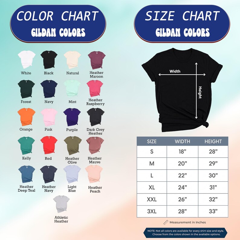 May include: A Gildan color chart displaying twenty-one t-shirt color options including white, black, and various heather shades. A size chart shows a black t-shirt with width and height arrows and a table listing measurements in inches from S to 3XL.