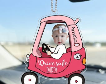 Gepersonaliseerde autoornament babyfoto, Custom Drive Safe Daddy Car Charm, Baby Face Achteruitkijkspiegelhanger, Vaderdagcadeau voor papa