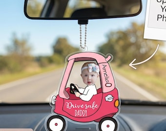 First Father’s Day Gift for Dad, Personalized Baby Photo Car Ornament, Custom Drive Safe Daddy Car Charm, Rear View Mirror Hanger