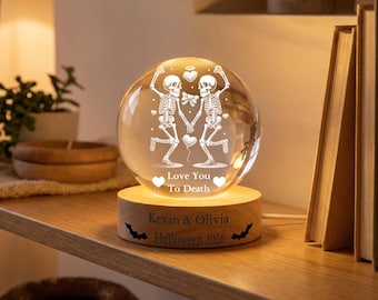 Personalized Halloween Couple Crystal Ball, Custom Skeleton Love Night Light, Spooky Couple Keepsake, Halloween Anniversary Gift