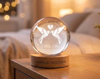 Lámpara de bola de cristal personalizada para aniversario, luz nocturna personalizada con pájaros del amor para parejas, regalo de aniversario de bodas