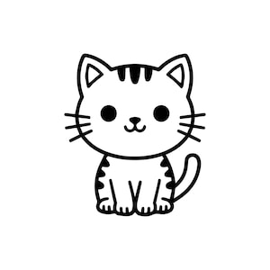 May include: A black and white cartoon illustration of a cat in a sitting position. The cat features large, round eyes, whiskers, and a striped pattern on its head and body. The design is simple and cute, with clean lines.