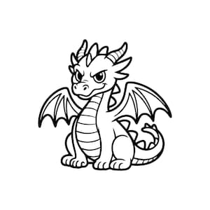 Può includere: Illustrazione di un cartone animato in bianco e nero di un drago amichevole. Il drago è seduto con le ali spiegate e ha corna, un lungo collo e una coda. Il drago ha un volto espressivo con un leggero sorriso.