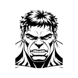 May include: A black and white illustration of the Hulk's face, showcasing an angry expression. The image features detailed linework, emphasizing the character's furrowed brow, clenched teeth, and intense gaze. The Hulk's hair is spiky, and the overall design is bold and graphic.