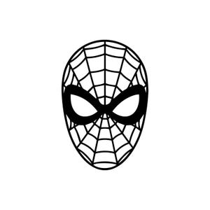 May include: A black and white illustration of a Spider-Man mask. The mask is oval-shaped with a web pattern and black eye coverings. The design is simple and graphic, suitable for various applications.