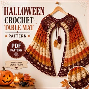 May include: A crochet table mat pattern featuring a circular design with alternating bands of dark brown, orange, yellow, and cream yarn. The piece includes a tie closure with two leaf-shaped tassels. Text reads: HALLOWEEN CROCHET TABLE MAT PATTERN PDF.