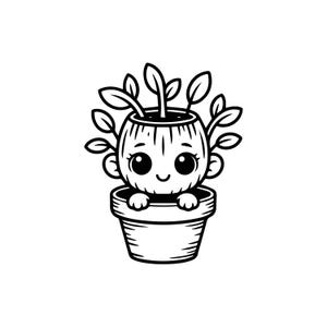 May include: A black and white illustration of a cartoon plant character in a pot. The plant has large eyes, a smiling mouth, and leaves sprouting from the top of its head. The pot is a simple, striped design.