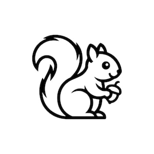 May include: A black and white cartoon illustration of a squirrel holding an acorn. The squirrel has a large, fluffy tail and a friendly expression. The design is simple and clean, suitable for various applications.