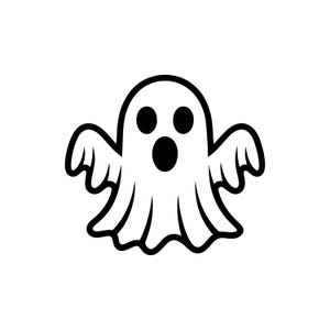 May include: A black and white cartoon ghost illustration. The ghost has a white body with a black outline, two black eyes, and a black open mouth. The ghost has two arms with three fingers each.