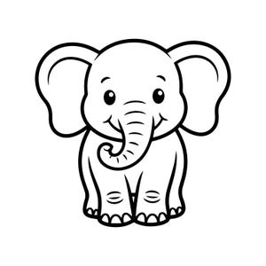 May include: A black and white cartoon illustration of a smiling elephant. The elephant has large ears, a curled trunk, and is standing with its legs slightly apart. The image is a simple, clean design.