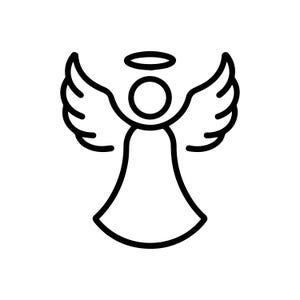 May include: A black and white line drawing of an angel. The angel has a halo, wings, and a flowing gown. The image is a simple, minimalist design, perfect for use in various projects.