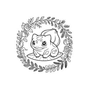 May include: Black and white illustration of a Bulbasaur character inside a floral wreath. The Bulbasaur is smiling and sitting on a leaf. The wreath is composed of leaves, roses, and other flowers.