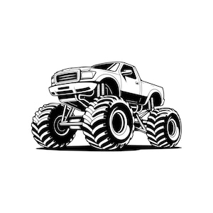 Puede incluir: Ilustración en blanco y negro de un monster truck. El camión tiene neumáticos de gran tamaño, suspensión elevada y una parrilla delantera detallada. La imagen es un diseño gráfico, adecuado para pegatinas o ropa.