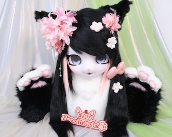 Black Kitty KIG Fursuit Head Lightweight Anime Style Cat Mask Faux Fox Fur Pink Floral Accessories Paw Gloves Cosplay Display Gift Soft
