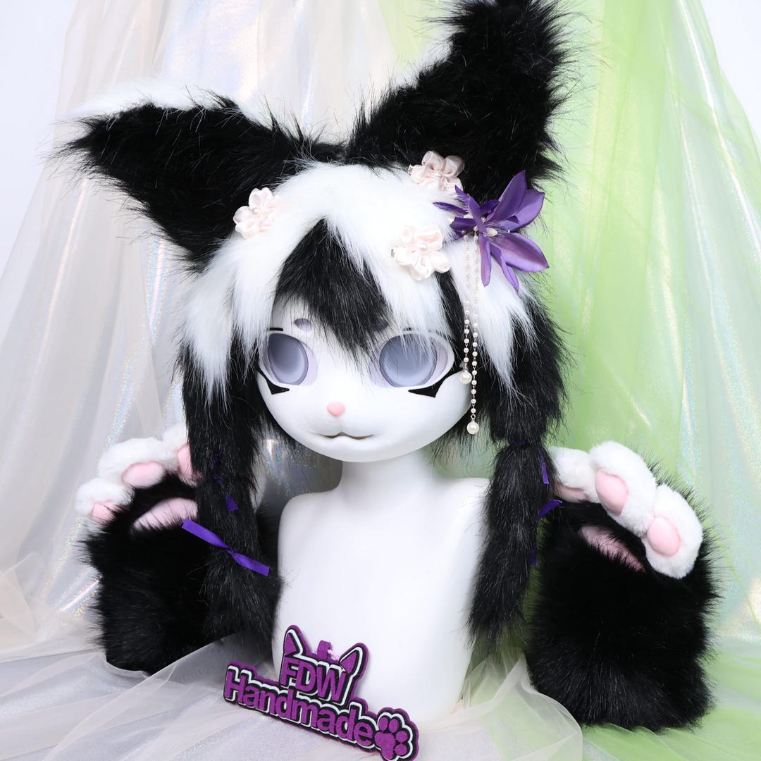 Kigurumi Black White Bunny Fursuit Head Rabbit KIG Mask Faux Fur Twin ...