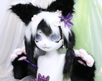 Kigurumi - Disfraz de conejo blanco y negro con cabeza de conejo, máscara KIG de piel sintética, trenzas gemelas, ojos de dibujos animados en azul y gris, clips de perlas florales, regalo de cosplay