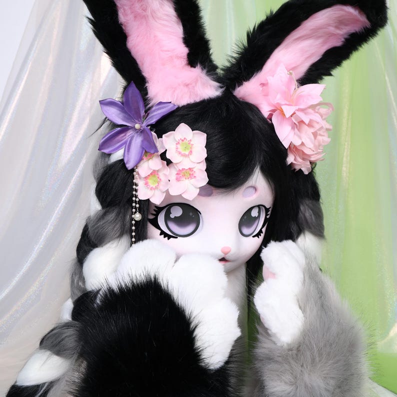 Kigurumi Black White Gray Bunny Fursuit Head Braided Hair Cartoon Eyes ...