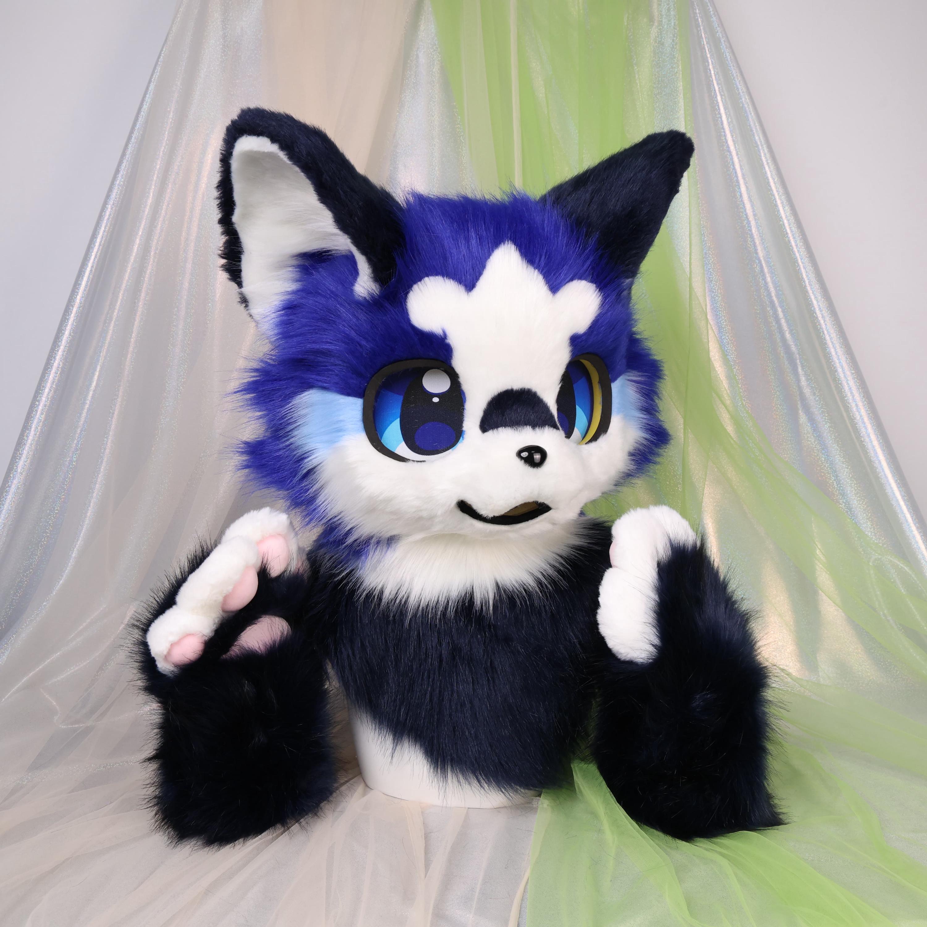 Japanese Kemono Style Fursuit Head Blue White Polyester Fur Follow