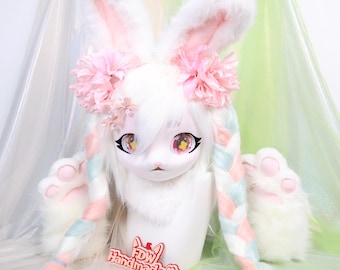 Kigurumi Bunny Fursuit Head Lindo Conejo KIG Máscara Blanco Rosa Verde Piel Sintética Orejas Flexibles Ojos de Estrella Cabello Trenzado Dulce Primavera Cosplay
