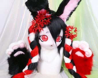 Máscara de conejo con cabeza de conejo KIG de color rojo y negro con orejas flexibles, pelo trenzado, ojos rojos, guantes con forma de pata, regalo de cosplay de anime, Kigurumi hecho a mano
