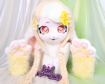 Kigurumi - Disfraz de conejo de té con leche blanca, máscara de conejo KIG, orejas caídas de piel sintética, ojos de corazón de dibujos animados naranjas, cabello trenzado, regalo de cosplay de primavera