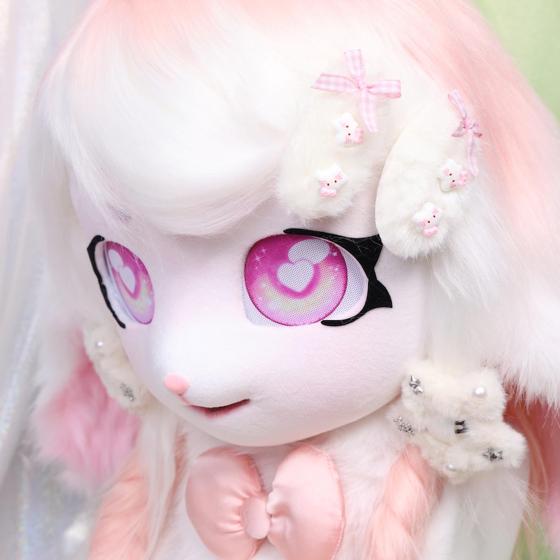 Kigurumi Pink White Bunny Fursuit Head With Twin Braids Lop Ears Soft ...