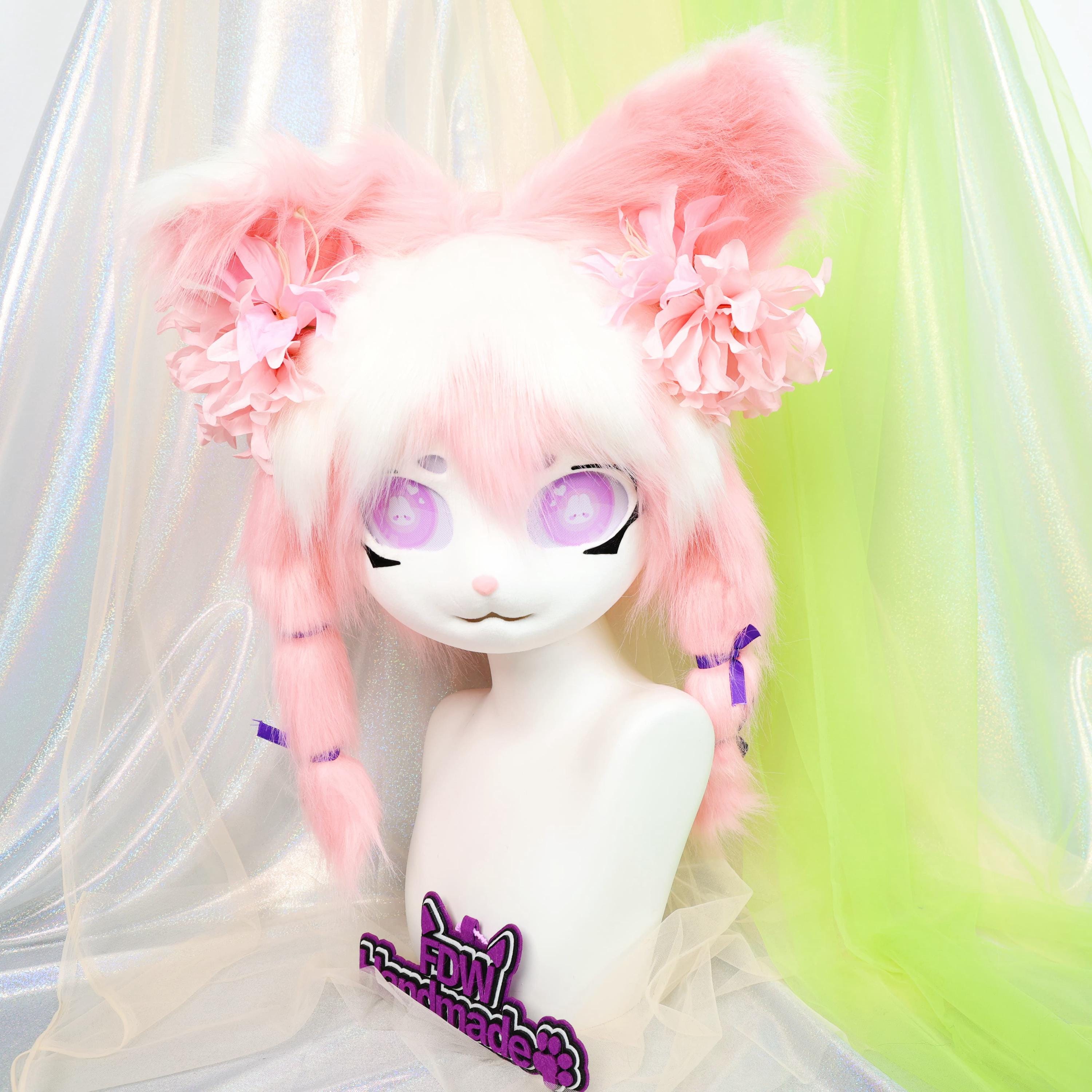 Kigurumi Pink White Bunny Fursuit Head Twin Braids Rabbit KIG Mask
