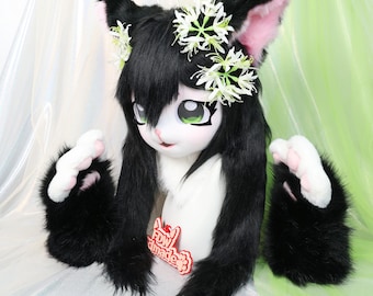 Kigurumi Black Cat Fursuit Head with Green Cartoon Eyes Faux Fox Fur Floral Hair Accessories Matching Black Paw Gloves Cosplay Costume Set