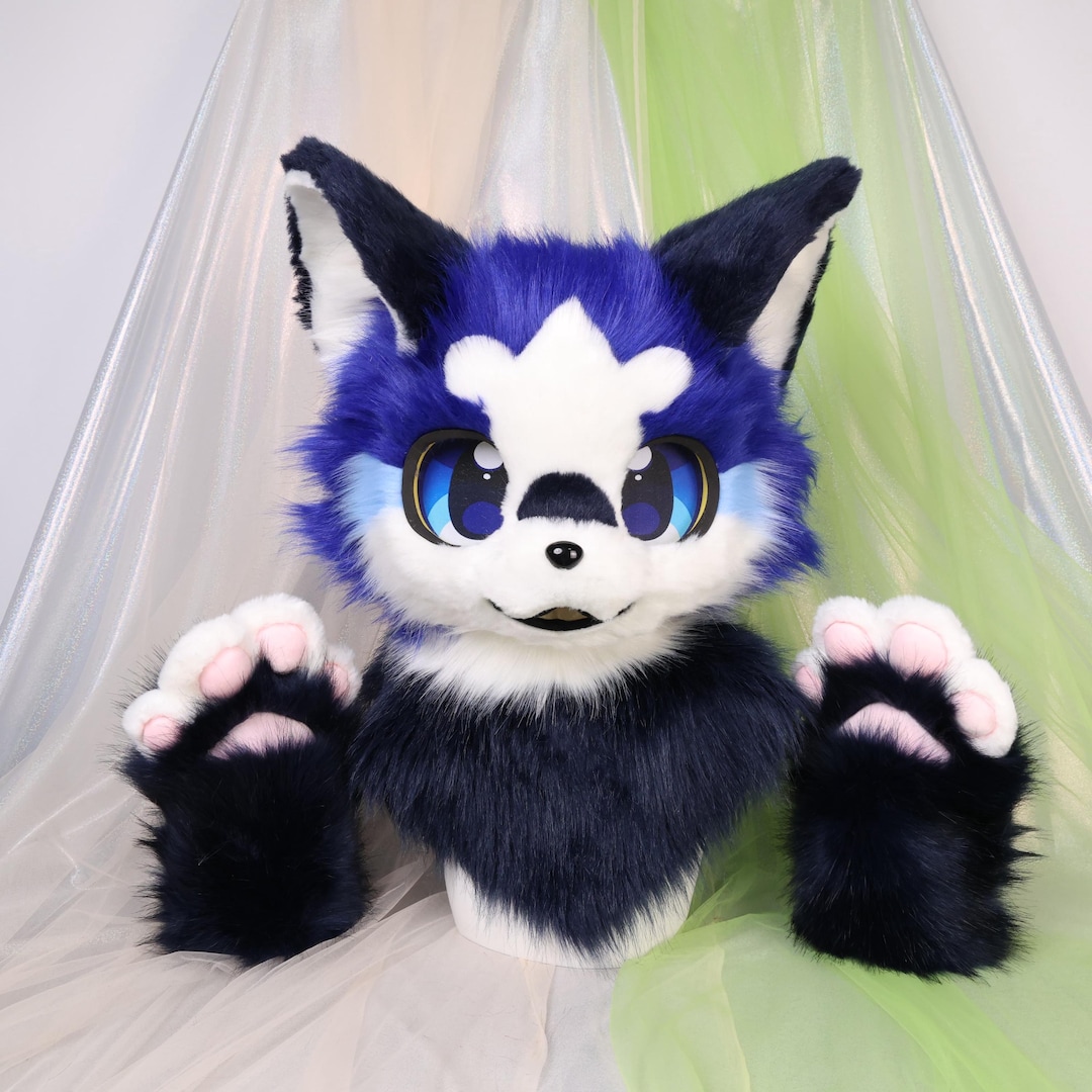 Japanese Kemono Style Fursuit Head Blue White Polyester Fur Follow Eyes ...