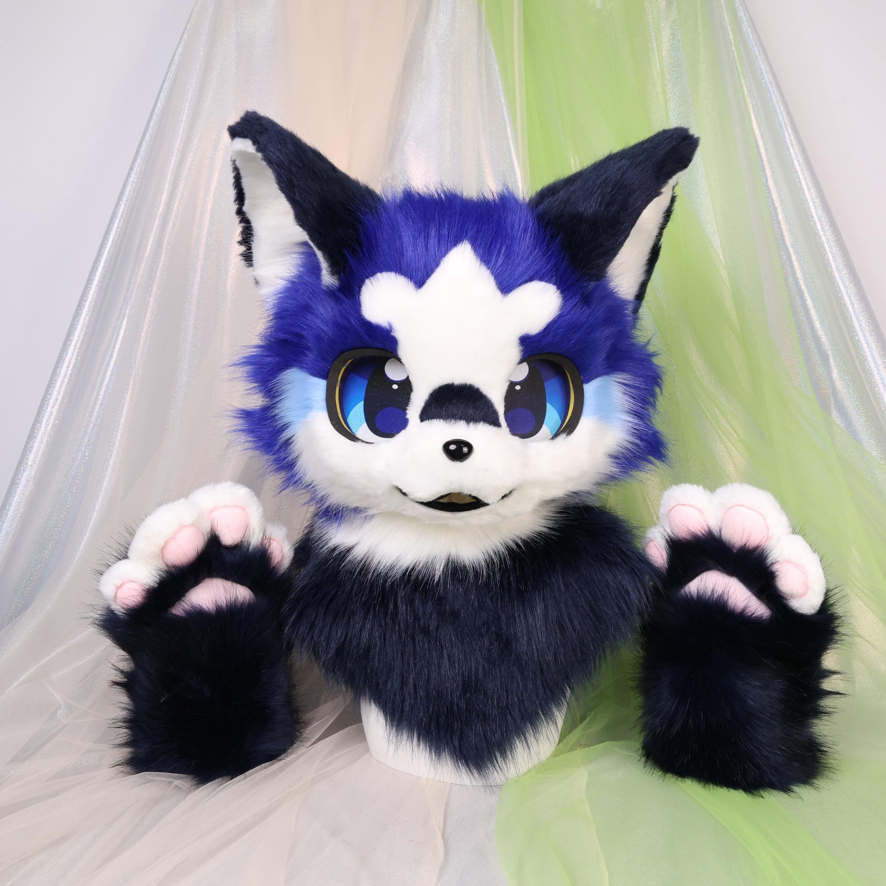 Fursuit Head Kigurumi ケモノ 着ぐるみ ダブルレイヤー Japanese Kemono Style Fursuit Head Blue White Polyester Fur Follow