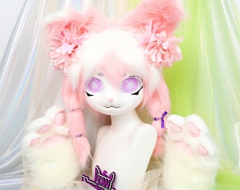 Kigurumi - Disfraz de conejo rosa y blanco con dos trenzas, máscara de conejo KIG de piel sintética suave, regalo de cosplay de hada de primavera para exhibición en convenciones peludas.