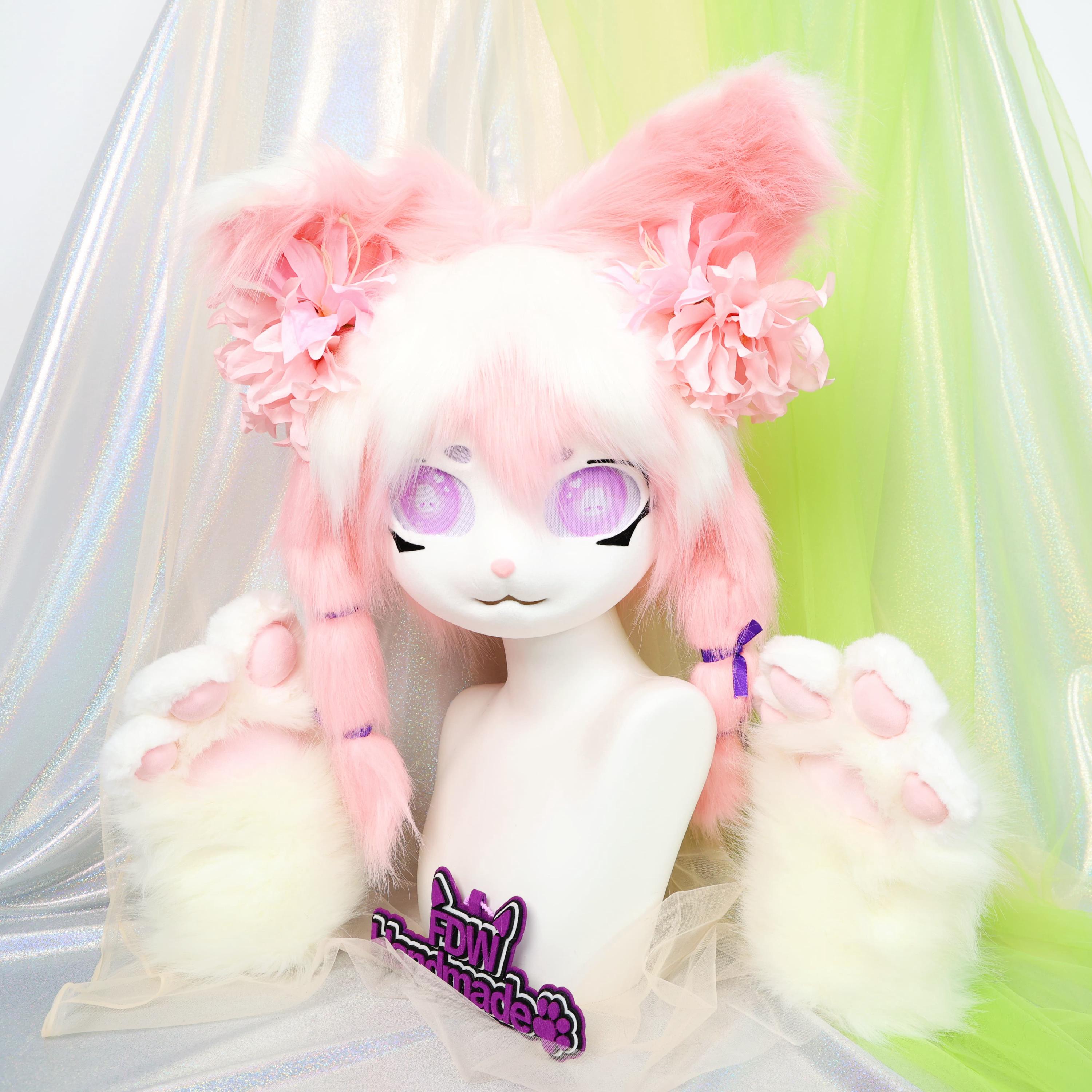Kigurumi Pink White Bunny Fursuit Head Twin Braids Rabbit KIG Mask