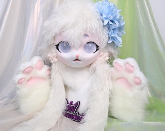 Kigurumi White Lamb Fursuit Head With Soft Toscana Faux Fur Blue