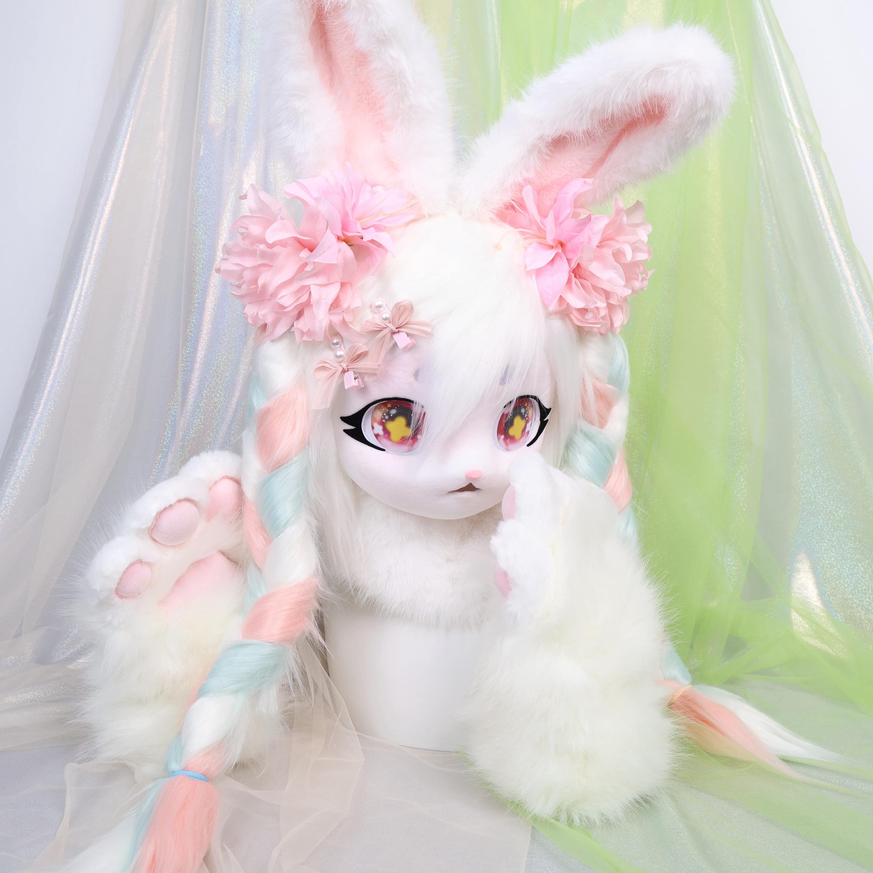 Kigurumi Bunny Fursuit Head Cute Rabbit KIG Mask White Pink Green Faux ...