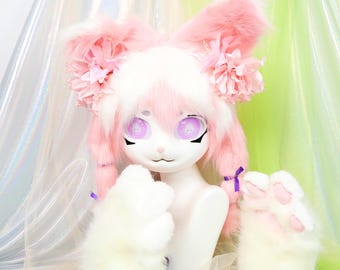 Kigurumi Pink White Bunny Fursuit Head Twin Braids Rabbit KIG Mask