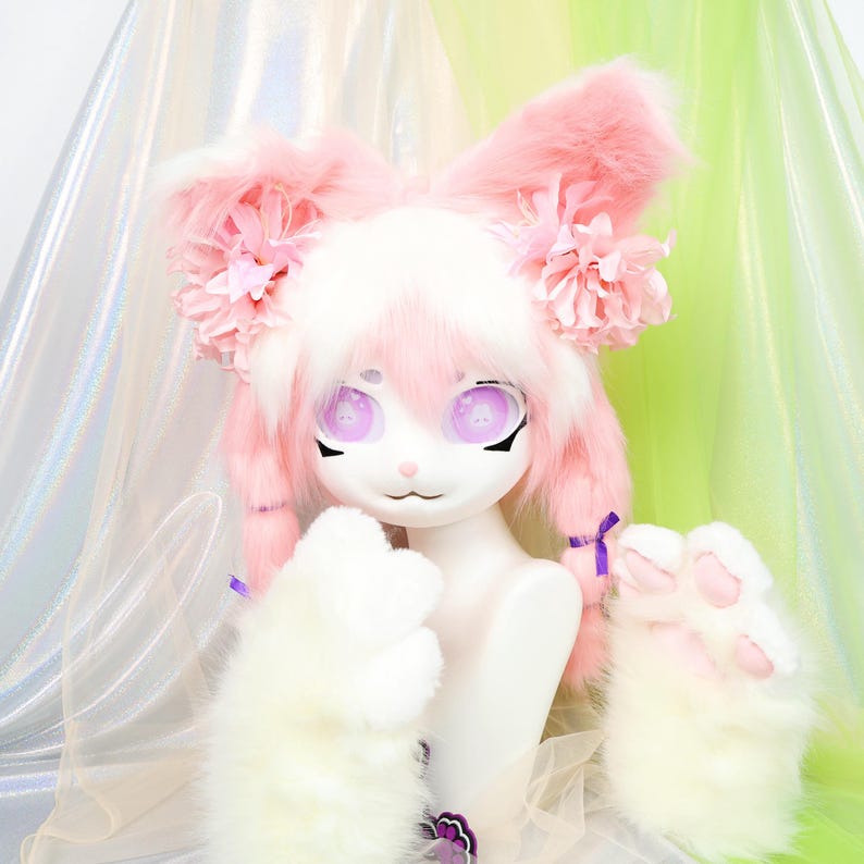 Kigurumi Pink White Bunny Fursuit Head Twin Braids Rabbit KIG Mask Soft ...