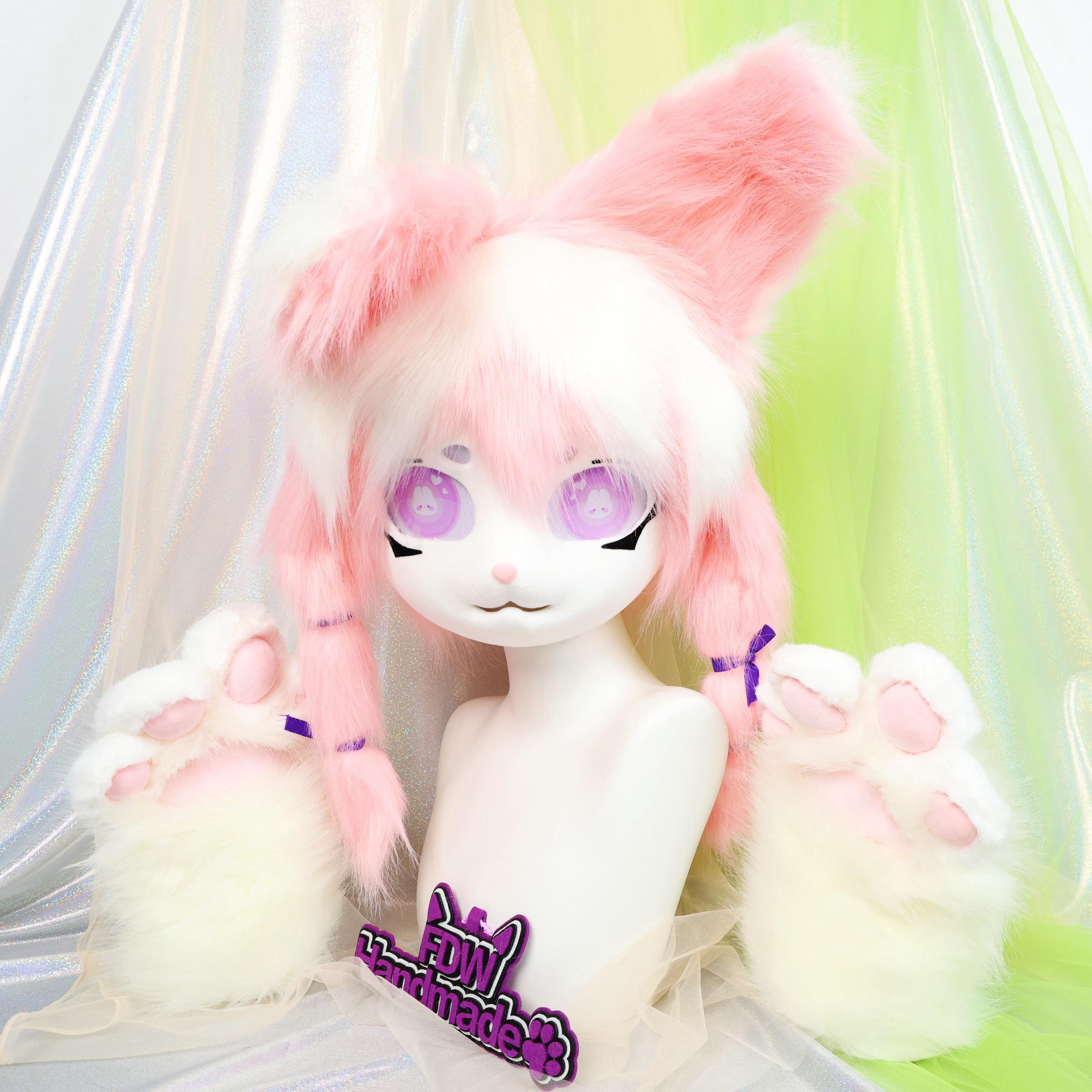 Kigurumi Pink White Bunny Fursuit Head Twin Braids Rabbit KIG Mask