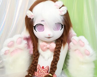 Kigurumi - Cabeza de conejo trenzado con trenzas largas blancas y marrones, lazo de peluche, pinzas, ojos rosados y guantes blancos con forma de pata, regalo de cosplay para artistas