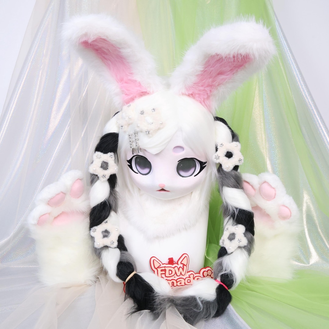Kigurumi White Bunny Fursuit Head KIG Style Bendable Ears Black White kigurumi-white-bunny-fursuit-head-kig-style-bendable-ears-black-white