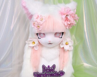 Kigurumi White Pink Kitty Fursuit Head With Straight Bangs Cartoon